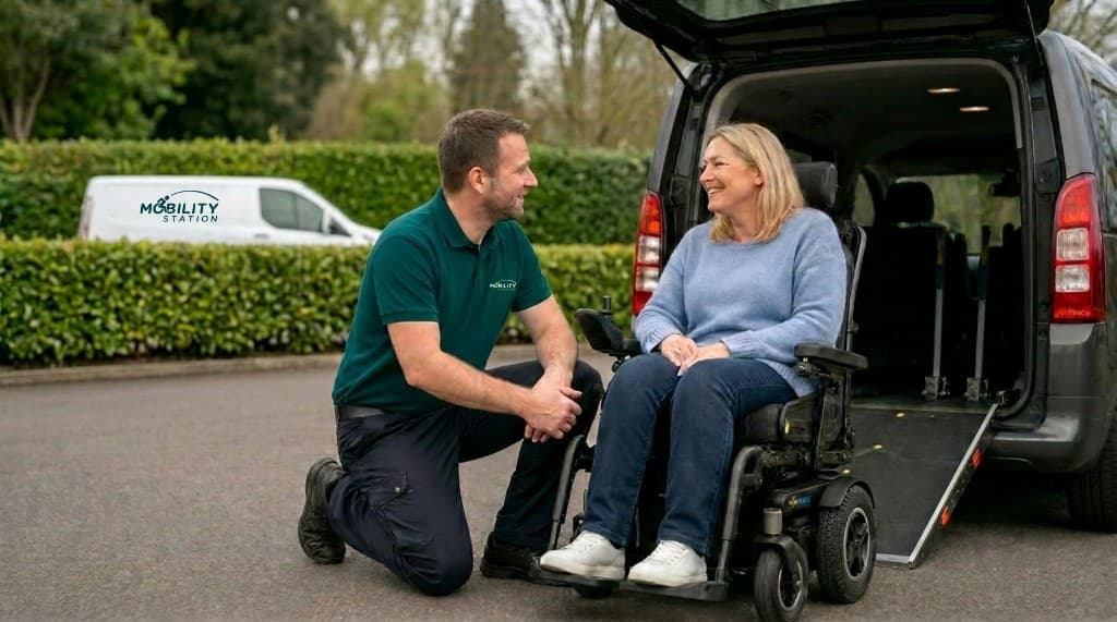 Wheelchair accessible vehicle with ramp and powerchair