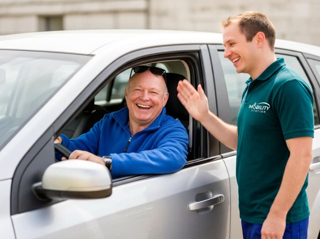Mobility Station adviser with a customer in an adapted car