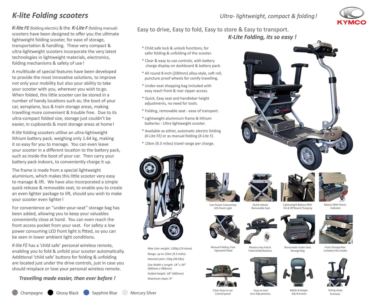 Kymco K-lite FE Electric Auto Folding mobility scooter Kymco Healthcare