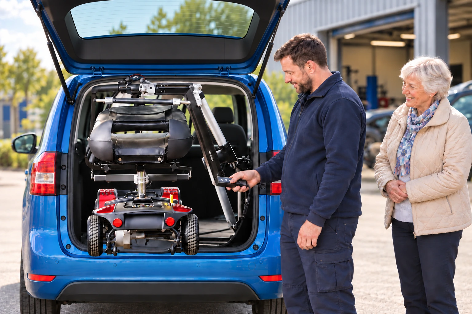 A demonstration of lifting a mobility scooter into a vehicle with a boot hoist