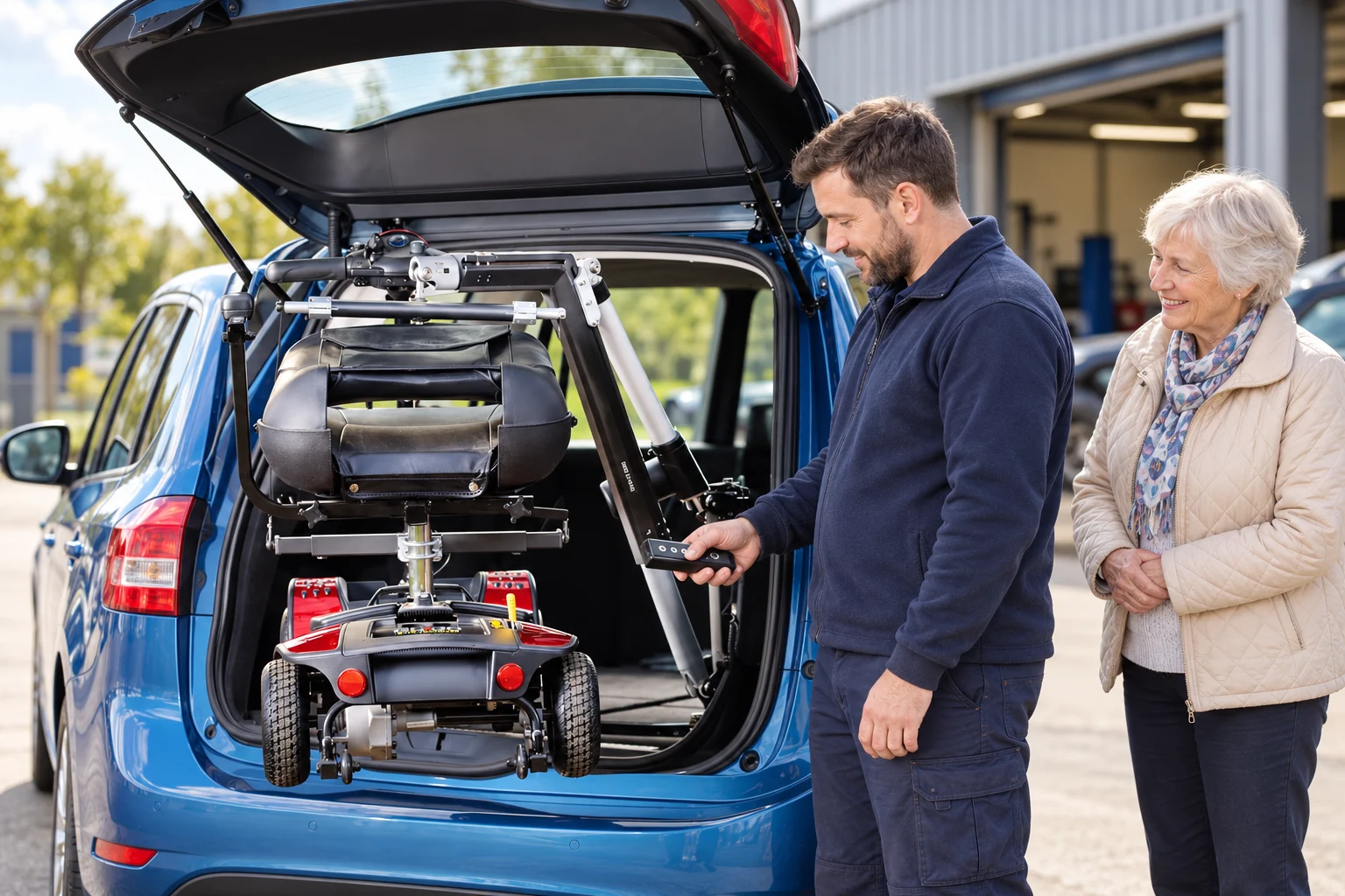AI-created scene of an engineer demonstrating a boot hoist and scooter to a customer, based on the actual hoist photograph