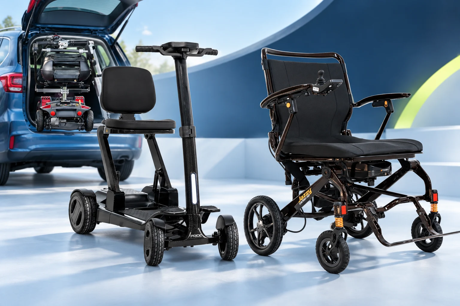 AI-created composition based on our GoGo Carbon scooter, Jazzy Carbon powered wheelchair and boot-hoist product photos