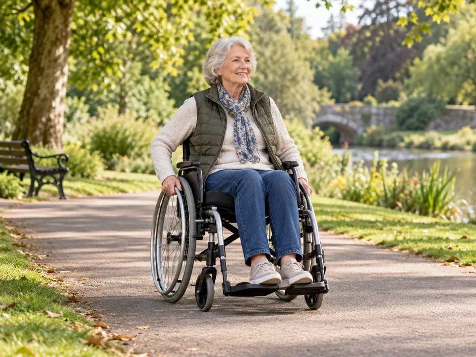 An older adult using a manual wheelchair on a leafy park path
