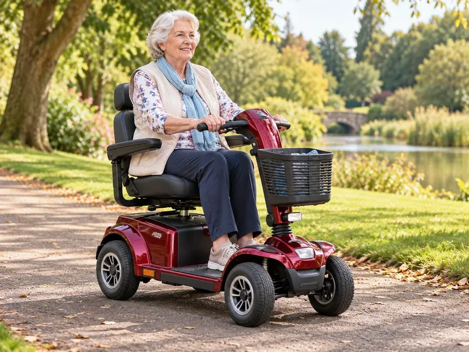 An older adult riding a four-wheel mobility scooter in a leafy park