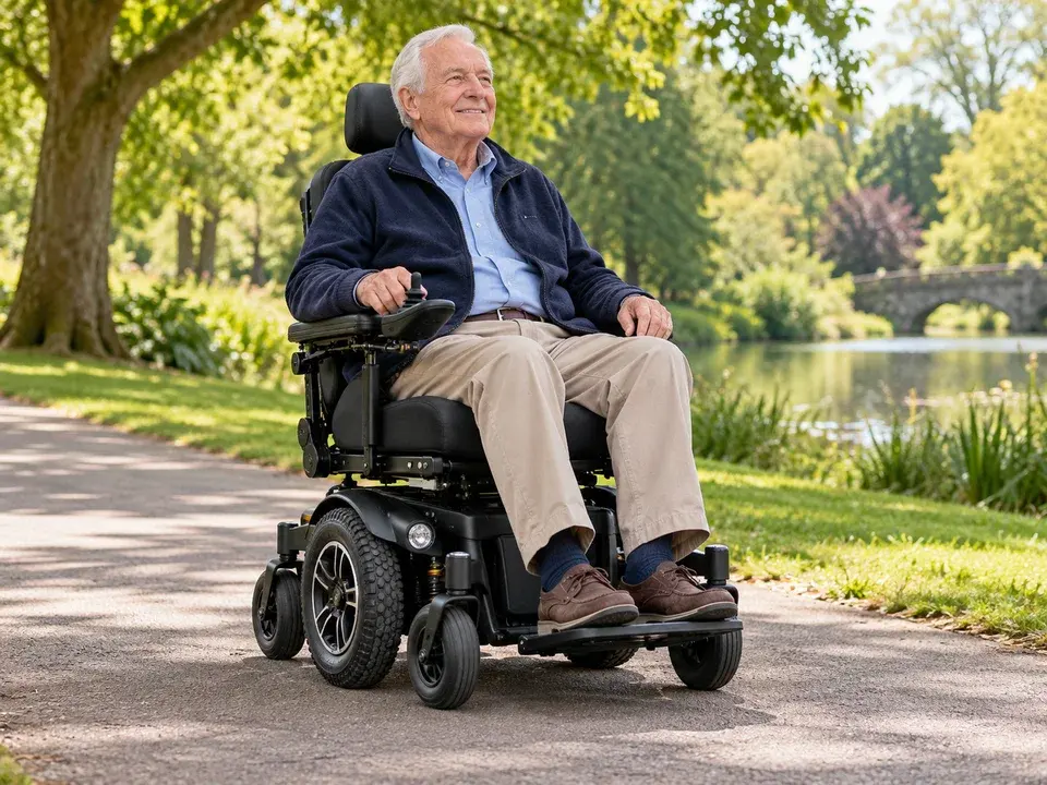 An older adult using a joystick-controlled powerchair on a park path
